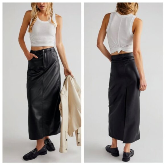 NWT Free People City Slicker Vegan Leather Maxi Skirt 10 Black Noir $128.00 - Picture 4 of 11